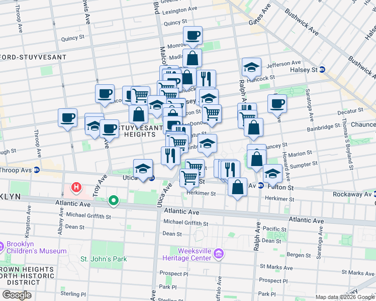 map of restaurants, bars, coffee shops, grocery stores, and more near 224 Bainbridge Street in Brooklyn