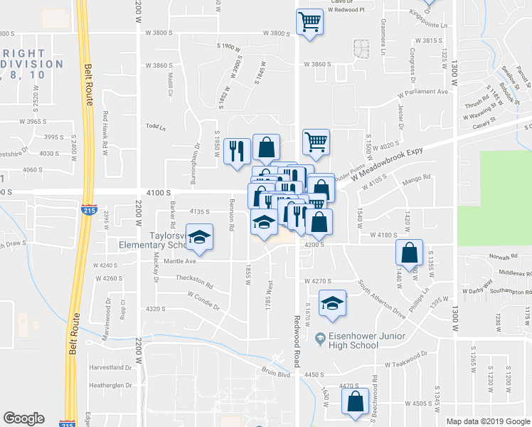 map of restaurants, bars, coffee shops, grocery stores, and more near 4139 Carriage Square in Salt Lake City