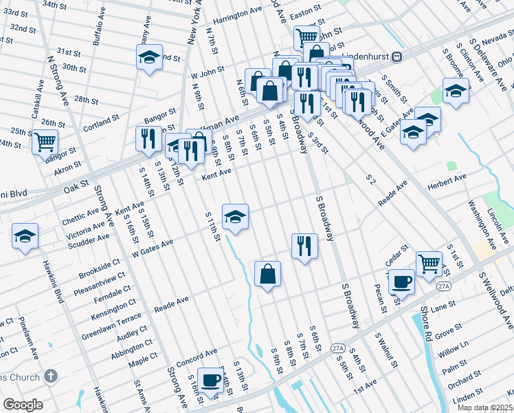 map of restaurants, bars, coffee shops, grocery stores, and more near 150 West Gates Avenue in Lindenhurst