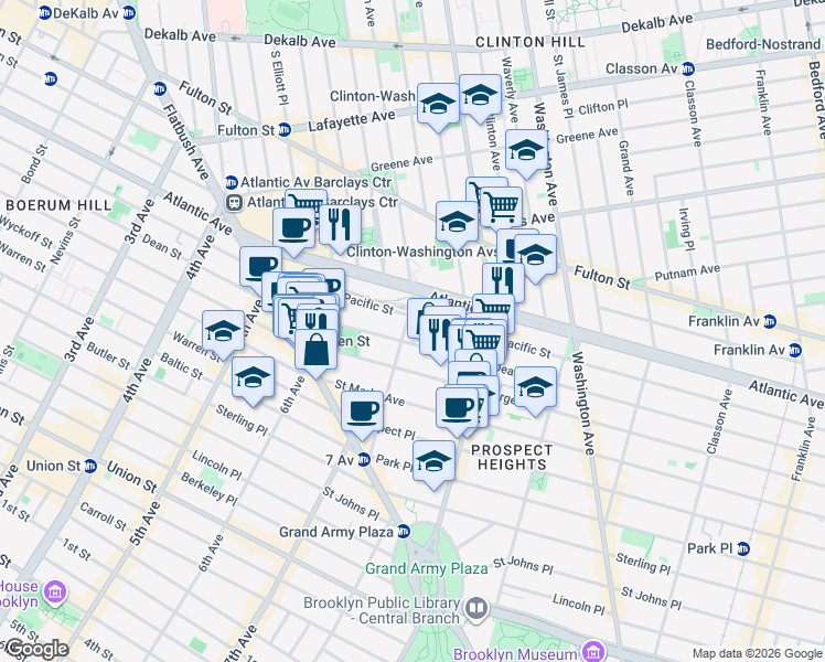 map of restaurants, bars, coffee shops, grocery stores, and more near 535 Carlton Avenue in Brooklyn