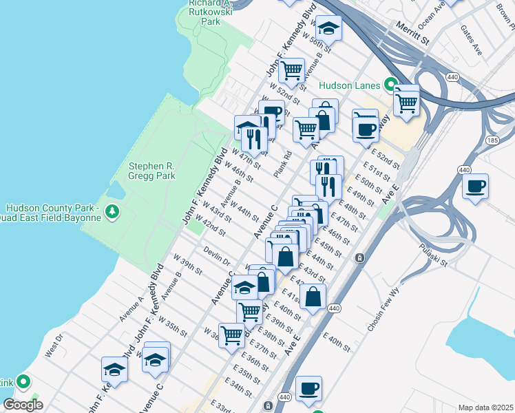 map of restaurants, bars, coffee shops, grocery stores, and more near 65-67 East 45th Street in Bayonne