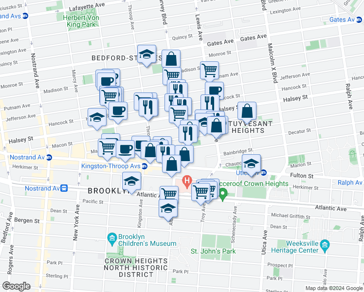 map of restaurants, bars, coffee shops, grocery stores, and more near 460 Marcus Garvey Boulevard in Brooklyn