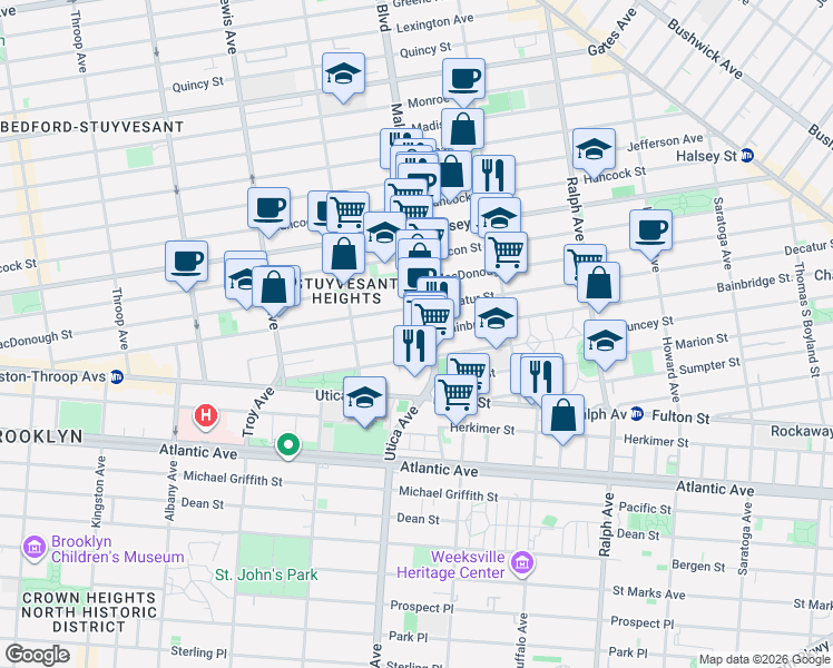 map of restaurants, bars, coffee shops, grocery stores, and more near 332 Malcolm X Boulevard in Brooklyn