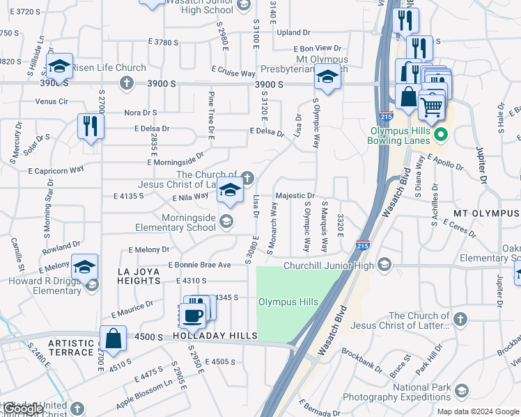 map of restaurants, bars, coffee shops, grocery stores, and more near 4159 South 3100 East in Salt Lake City