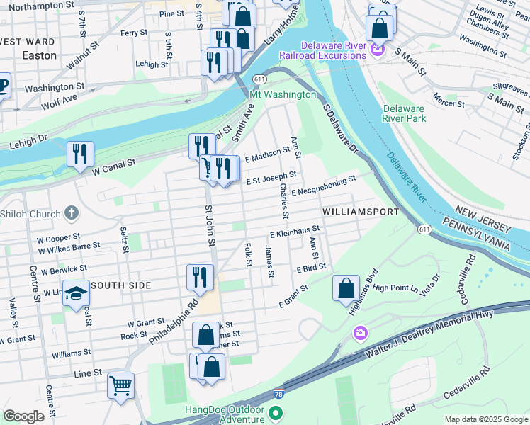 map of restaurants, bars, coffee shops, grocery stores, and more near 140 East Wilkes Barre Street in Easton