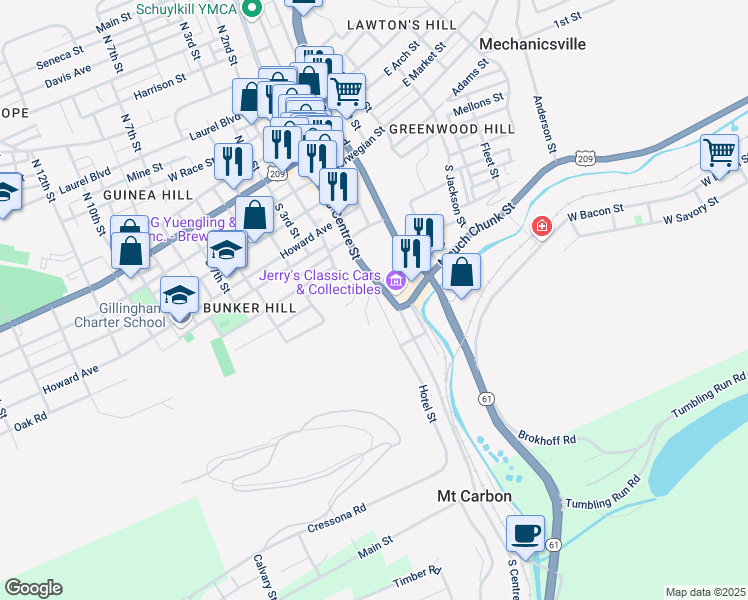 map of restaurants, bars, coffee shops, grocery stores, and more near 379 Hotel Street in Pottsville