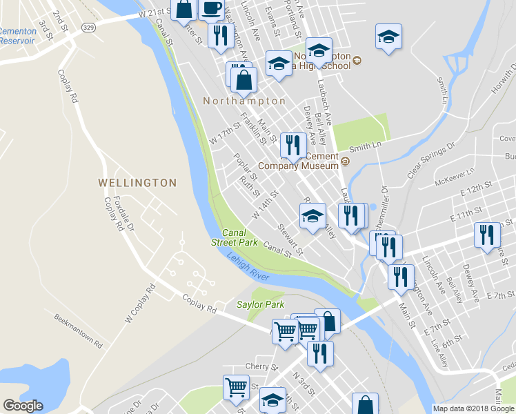 map of restaurants, bars, coffee shops, grocery stores, and more near 209 West 14th Street in Northampton