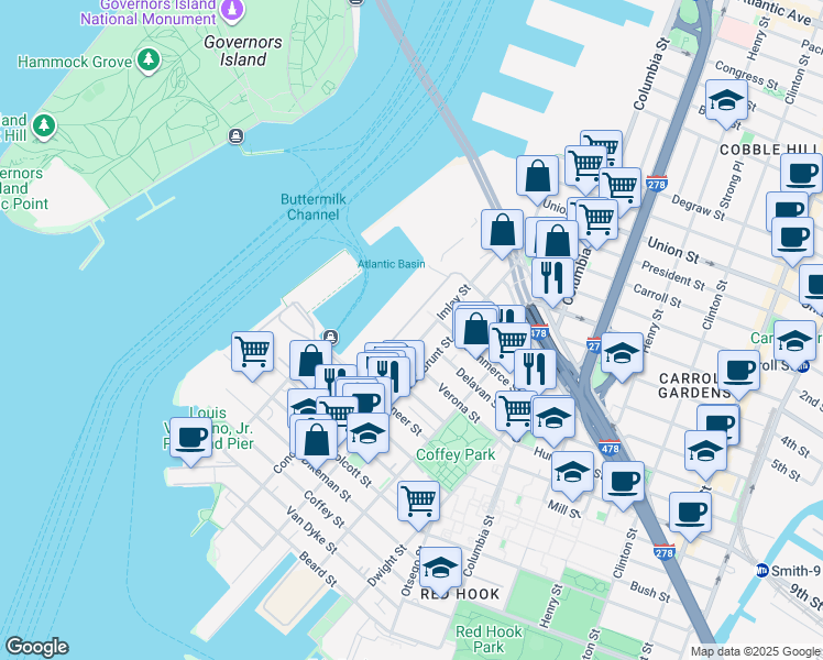 map of restaurants, bars, coffee shops, grocery stores, and more near 122 Verona Street in Brooklyn