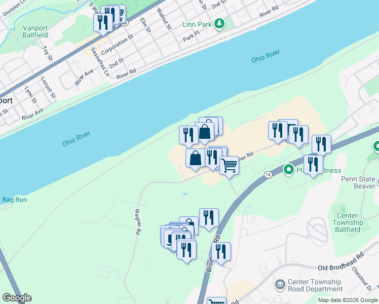 map of restaurants, bars, coffee shops, grocery stores, and more near 87 Wagner Road in Monaca