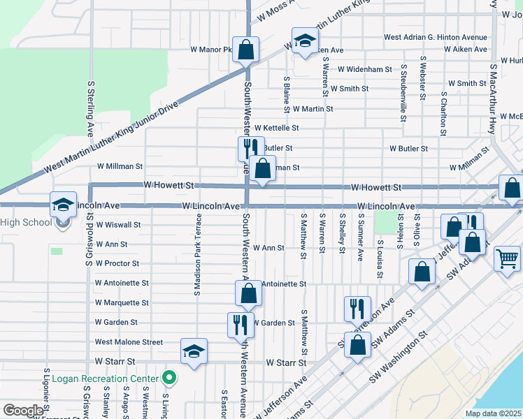 map of restaurants, bars, coffee shops, grocery stores, and more near 1824 West Lincoln Avenue in Peoria