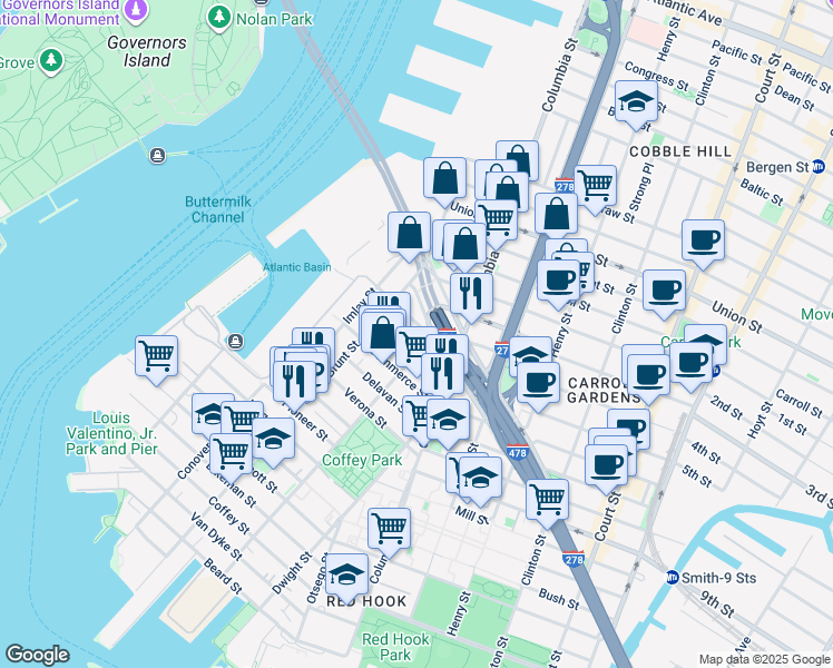 map of restaurants, bars, coffee shops, grocery stores, and more near 64 Seabring Street in Brooklyn
