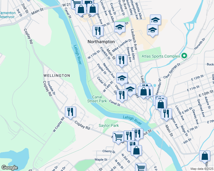 map of restaurants, bars, coffee shops, grocery stores, and more near 209 West 14th Street in Northampton