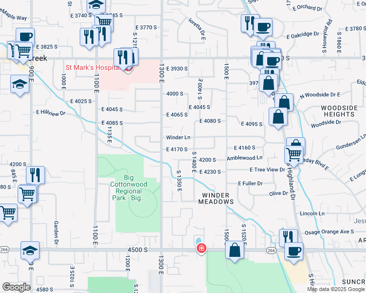 map of restaurants, bars, coffee shops, grocery stores, and more near 1363 East 4170 South in Millcreek