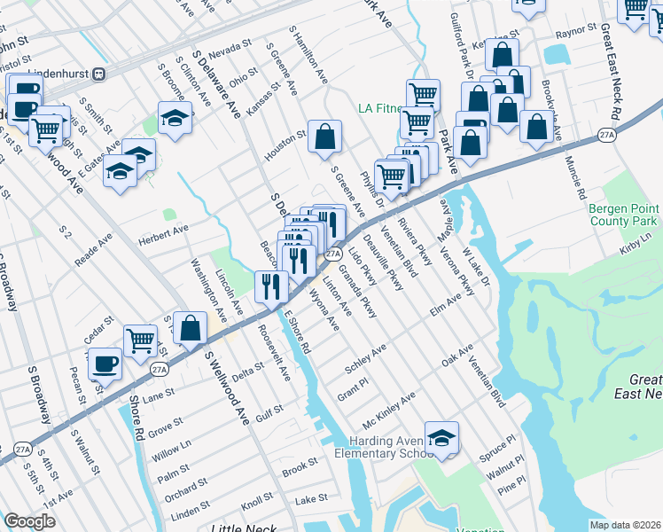map of restaurants, bars, coffee shops, grocery stores, and more near 219A Montauk Highway in Lindenhurst