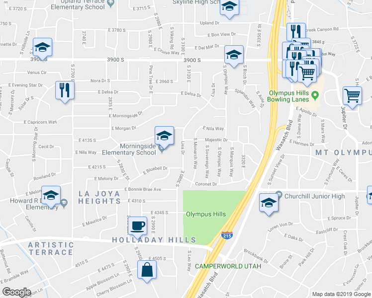 map of restaurants, bars, coffee shops, grocery stores, and more near 4151 Lisa Drive in Salt Lake City