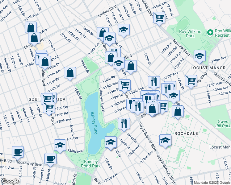 map of restaurants, bars, coffee shops, grocery stores, and more near 161-32 119th Road in Queens