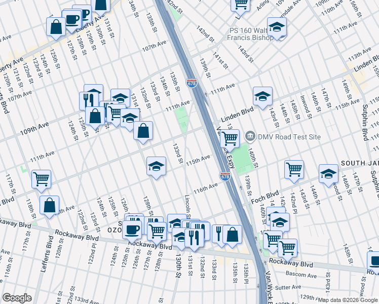 map of restaurants, bars, coffee shops, grocery stores, and more near 114-27 134th Street in Queens