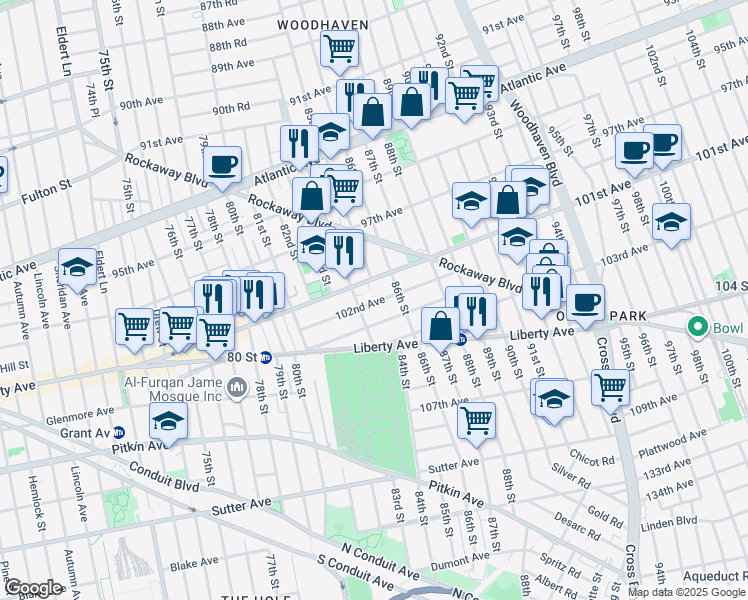 map of restaurants, bars, coffee shops, grocery stores, and more near 85-10 101st Avenue in Queens