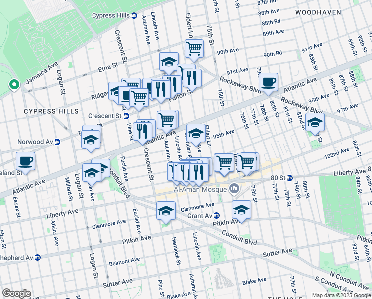 map of restaurants, bars, coffee shops, grocery stores, and more near 49 Sheridan Avenue in Brooklyn