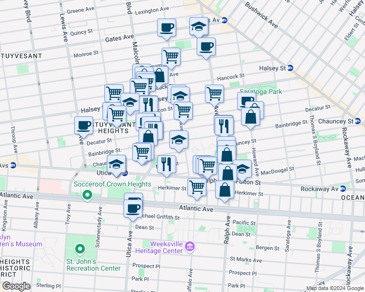 map of restaurants, bars, coffee shops, grocery stores, and more near 276 Bainbridge Street in Brooklyn