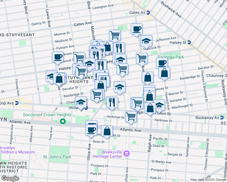 map of restaurants, bars, coffee shops, grocery stores, and more near 239 Bainbridge Street in Brooklyn