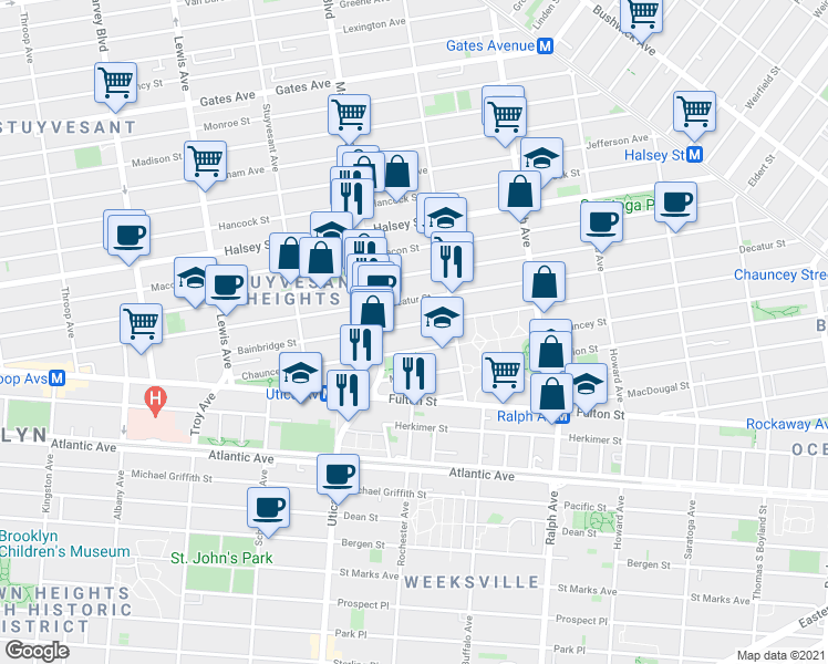 map of restaurants, bars, coffee shops, grocery stores, and more near 239 Bainbridge Street in Brooklyn