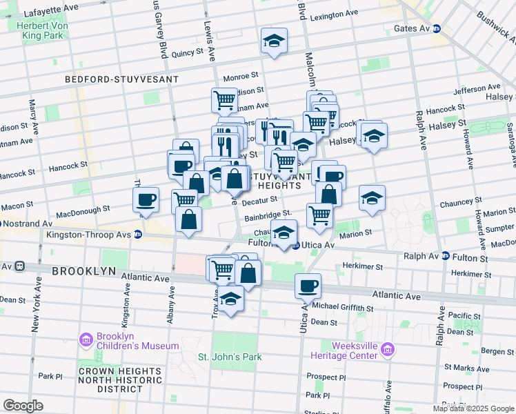 map of restaurants, bars, coffee shops, grocery stores, and more near 257 Decatur Street in Brooklyn