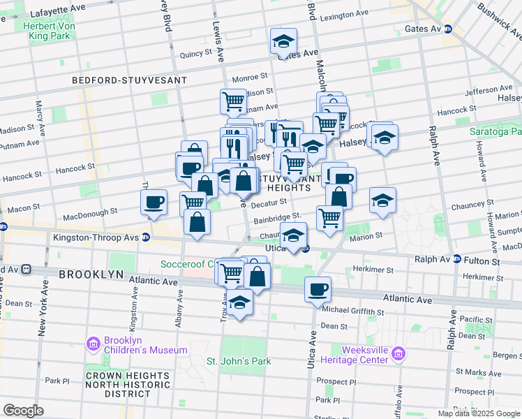 map of restaurants, bars, coffee shops, grocery stores, and more near 257 Decatur Street in Brooklyn
