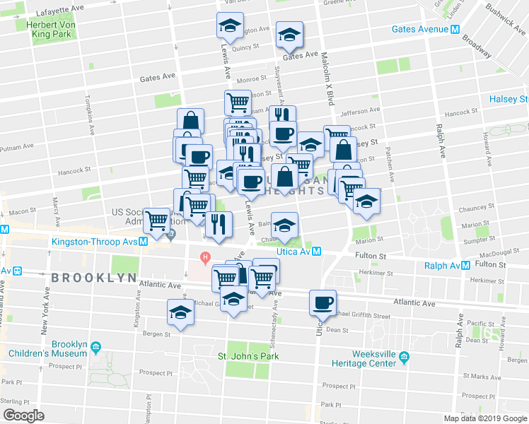 map of restaurants, bars, coffee shops, grocery stores, and more near 257 Decatur Street in Brooklyn