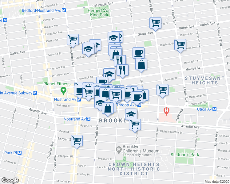 map of restaurants, bars, coffee shops, grocery stores, and more near 176 Macon Street in Brooklyn