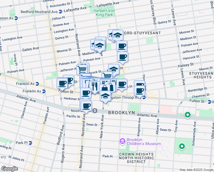 map of restaurants, bars, coffee shops, grocery stores, and more near 107 Macon Street in Brooklyn