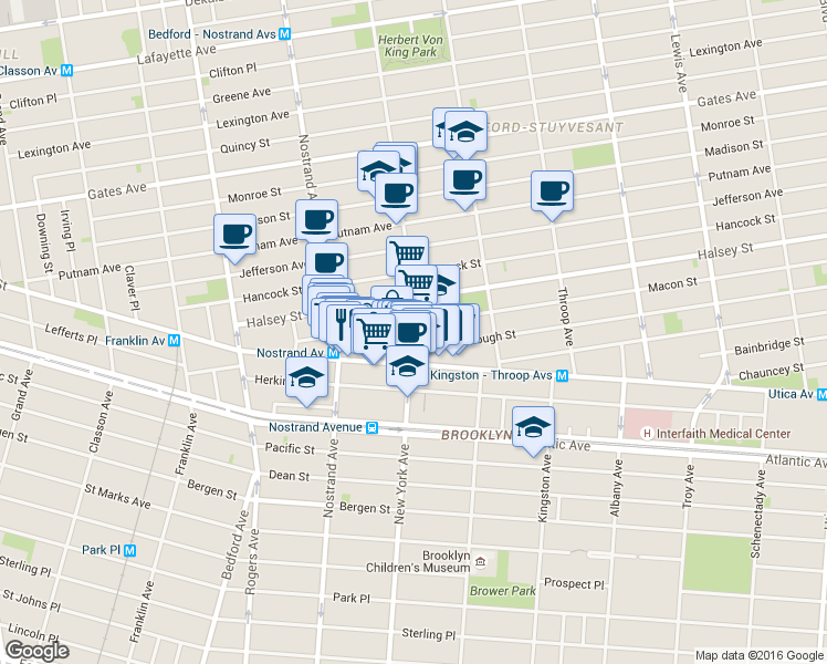 map of restaurants, bars, coffee shops, grocery stores, and more near 107 Macon Street in Brooklyn