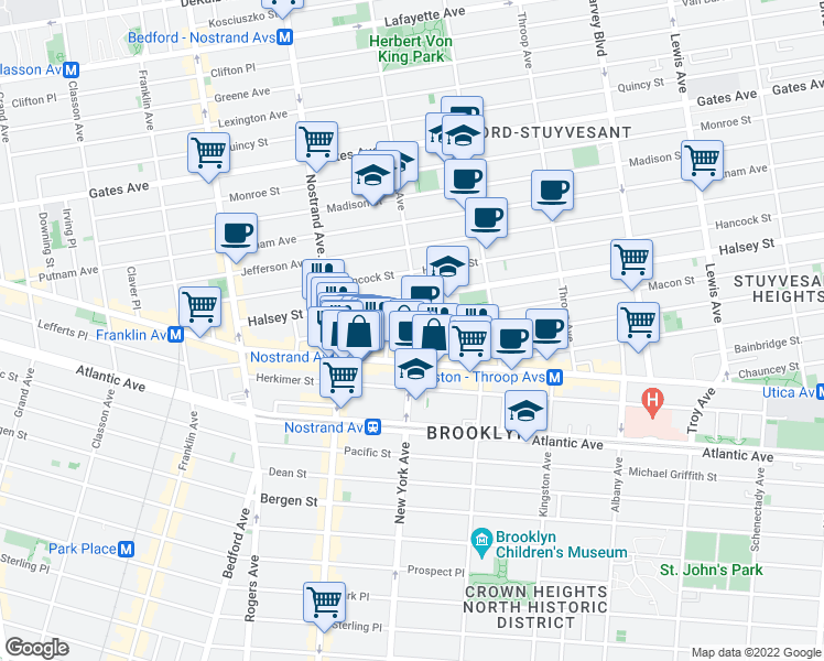map of restaurants, bars, coffee shops, grocery stores, and more near 107 Macon Street in Brooklyn