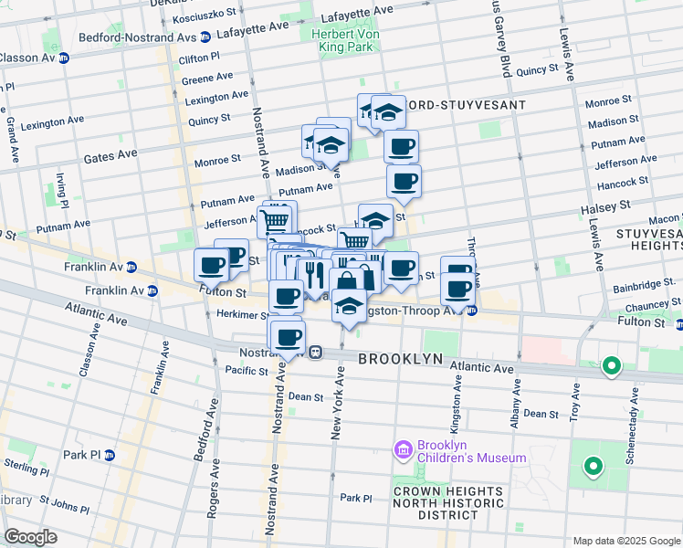 map of restaurants, bars, coffee shops, grocery stores, and more near 107 Macon Street in Brooklyn