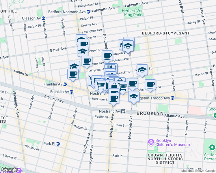 map of restaurants, bars, coffee shops, grocery stores, and more near 492 Nostrand Avenue in Brooklyn