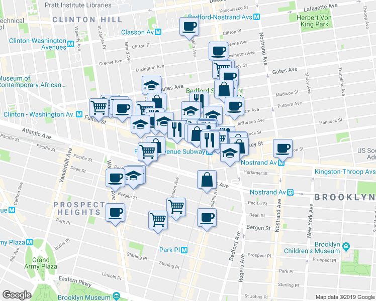 map of restaurants, bars, coffee shops, grocery stores, and more near 1066 Fulton Street in Brooklyn