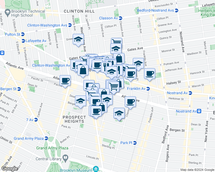 map of restaurants, bars, coffee shops, grocery stores, and more near 42 Lefferts Place in Brooklyn