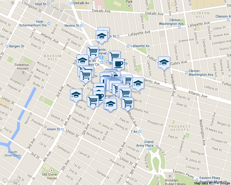 map of restaurants, bars, coffee shops, grocery stores, and more near 237 Flatbush Avenue in Brooklyn