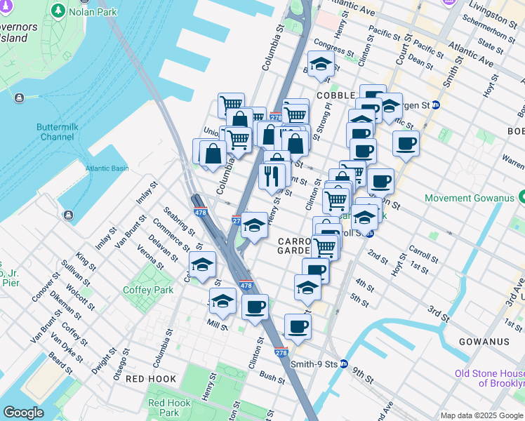 map of restaurants, bars, coffee shops, grocery stores, and more near 166 Summit Street in Brooklyn