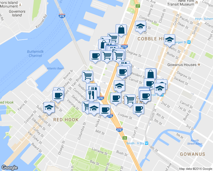 map of restaurants, bars, coffee shops, grocery stores, and more near 8 Woodhull Street in Brooklyn