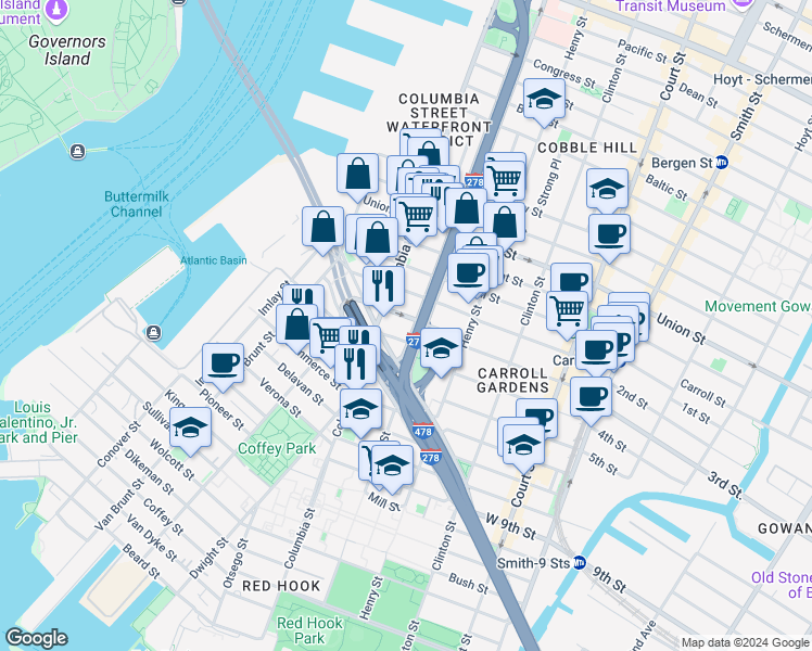 map of restaurants, bars, coffee shops, grocery stores, and more near 8 Woodhull Street in Brooklyn