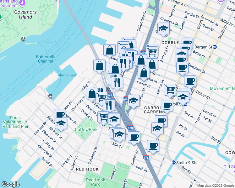 map of restaurants, bars, coffee shops, grocery stores, and more near 8 Woodhull Street in Brooklyn