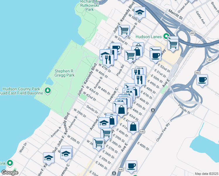 map of restaurants, bars, coffee shops, grocery stores, and more near 65-67 East 45th Street in Bayonne
