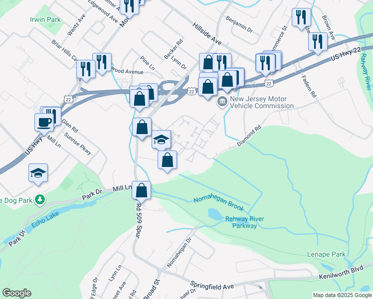map of restaurants, bars, coffee shops, grocery stores, and more near 1606 Park Place in Springfield