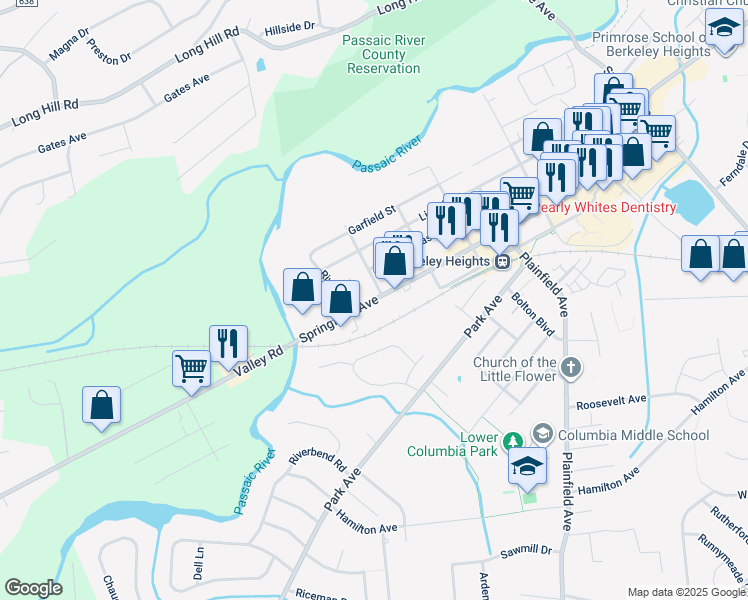 map of restaurants, bars, coffee shops, grocery stores, and more near 655 Springfield Avenue in Berkeley Heights