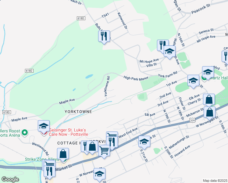 map of restaurants, bars, coffee shops, grocery stores, and more near 2057 Yokewood Road in Pottsville