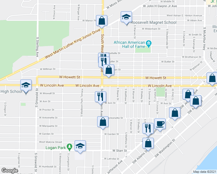 map of restaurants, bars, coffee shops, grocery stores, and more near 1823 West Lincoln Avenue in Peoria