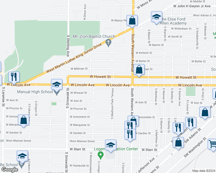 map of restaurants, bars, coffee shops, grocery stores, and more near 2112 West Lincoln Avenue in Peoria