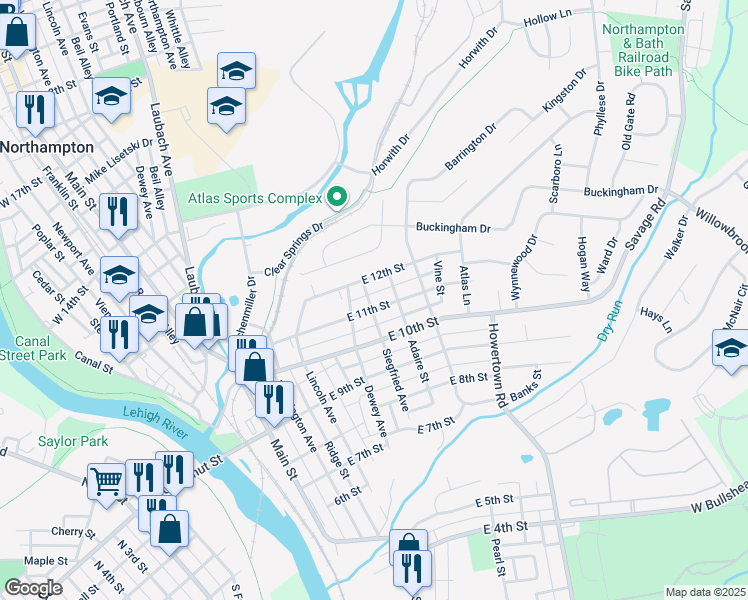 map of restaurants, bars, coffee shops, grocery stores, and more near 405 East 11th Street in Northampton