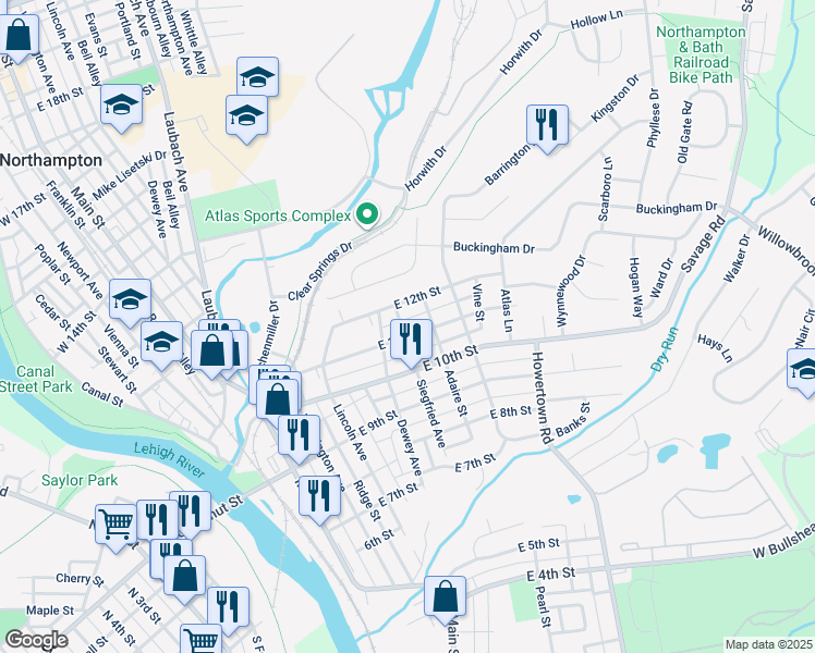 map of restaurants, bars, coffee shops, grocery stores, and more near 405 East 11th Street in Northampton